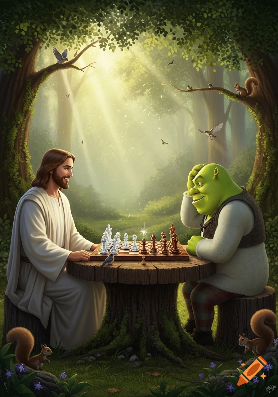 Jesus and Shrek play chess on a tree stump table in a sunlit, enchanted forest with birds and squirrels.