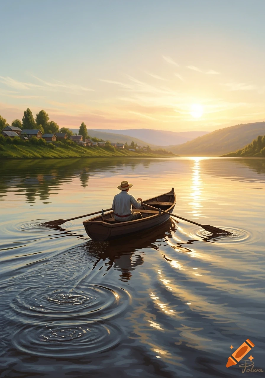 A man in a straw hat rows a wooden boat on a calm river at sunset, with a village on the distant green bank in a painted style.