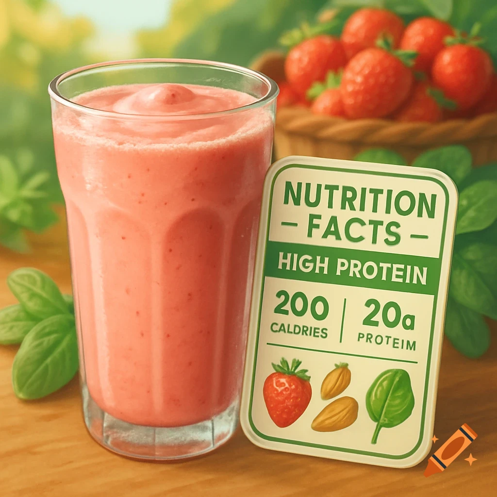 A glass of pink strawberry smoothie on a wooden table with a nutrition label, fresh strawberries, and green leaves.