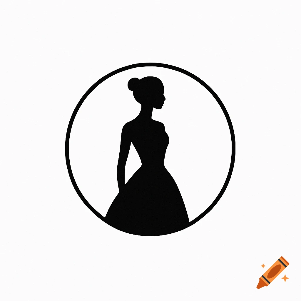 Minimalist black silhouette logo of a woman in a formal dress, in profile, within a black circle on a white background.