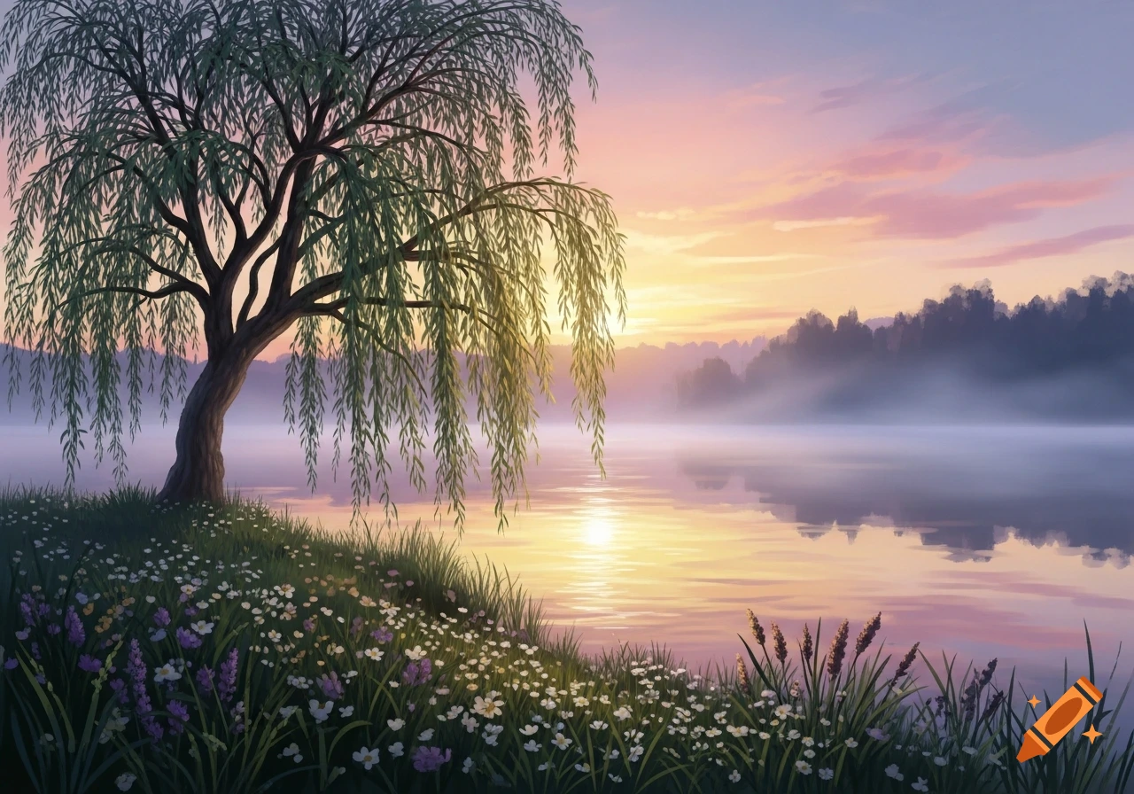 Serene painting of a weeping willow tree on a grassy bank with ...