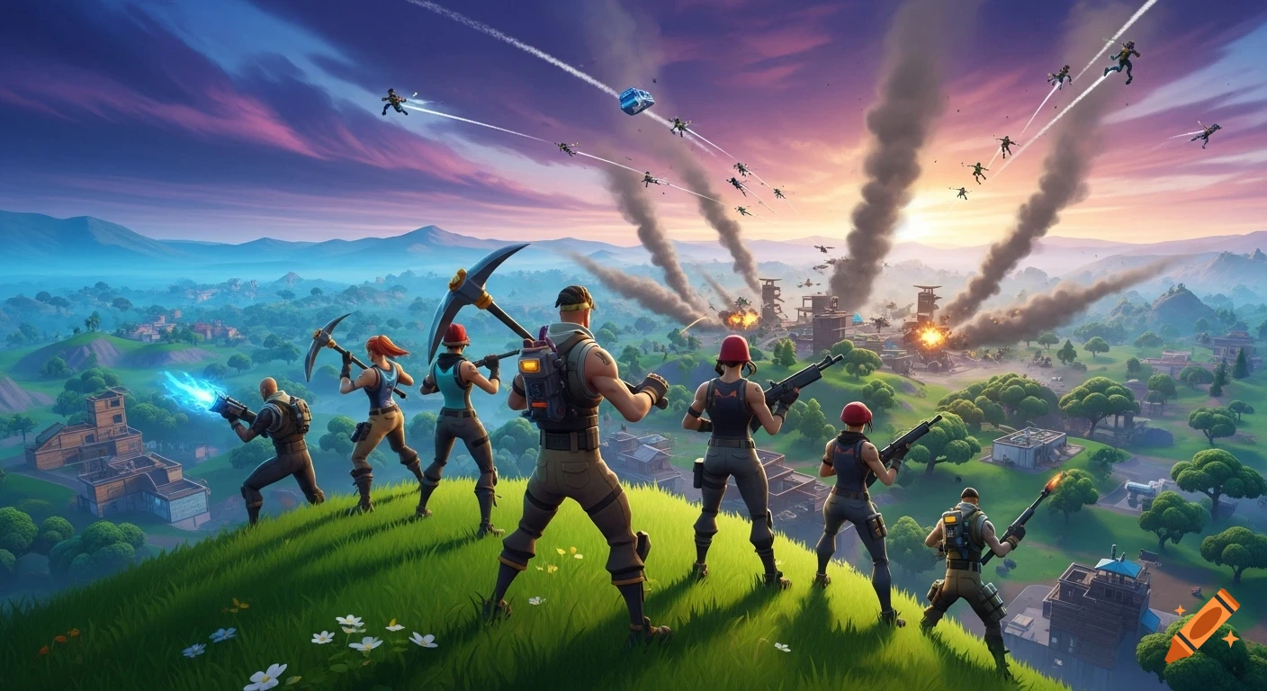 Stylized battle royale scene with characters on a hill, explosions in a valley, and figures parachuting from a sunset sky.
