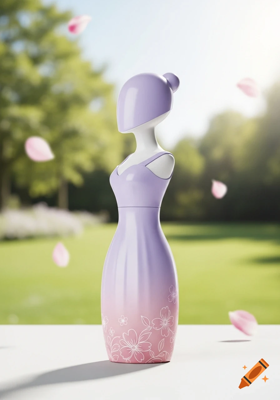 A stylized purple and pink bottle shaped like a woman in a dress with white flowers, set in a sunny garden with falling petals.