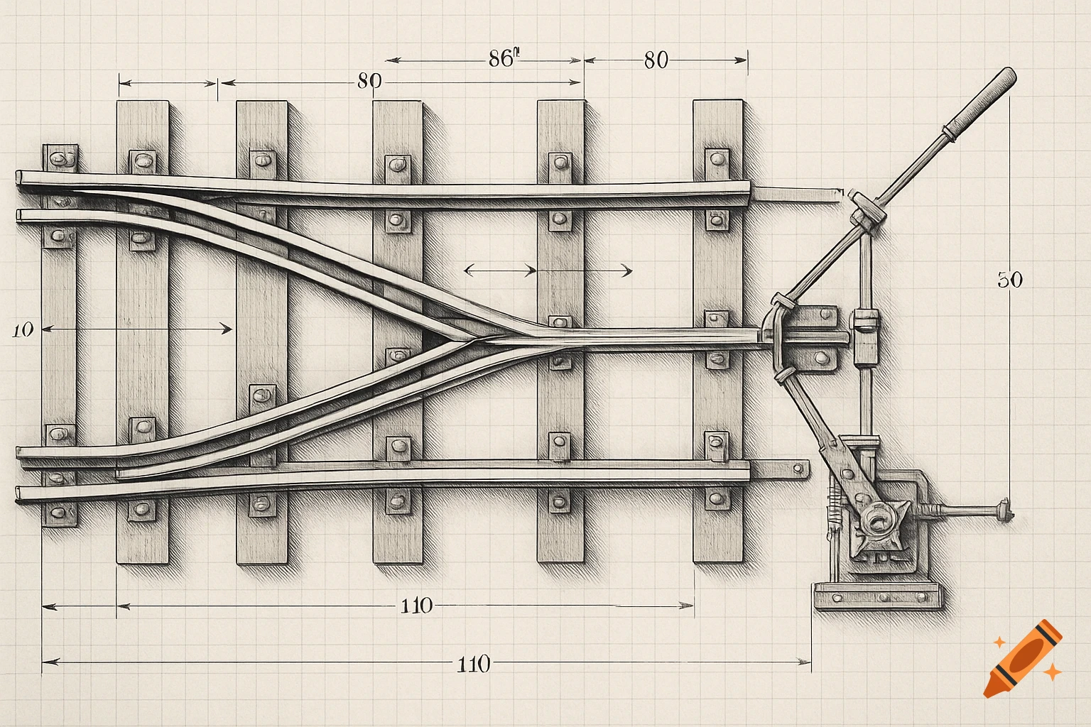Detailed technical drawing of a railway switch on graph paper, showing tracks, ties, the switching mechanism, and dimensions.