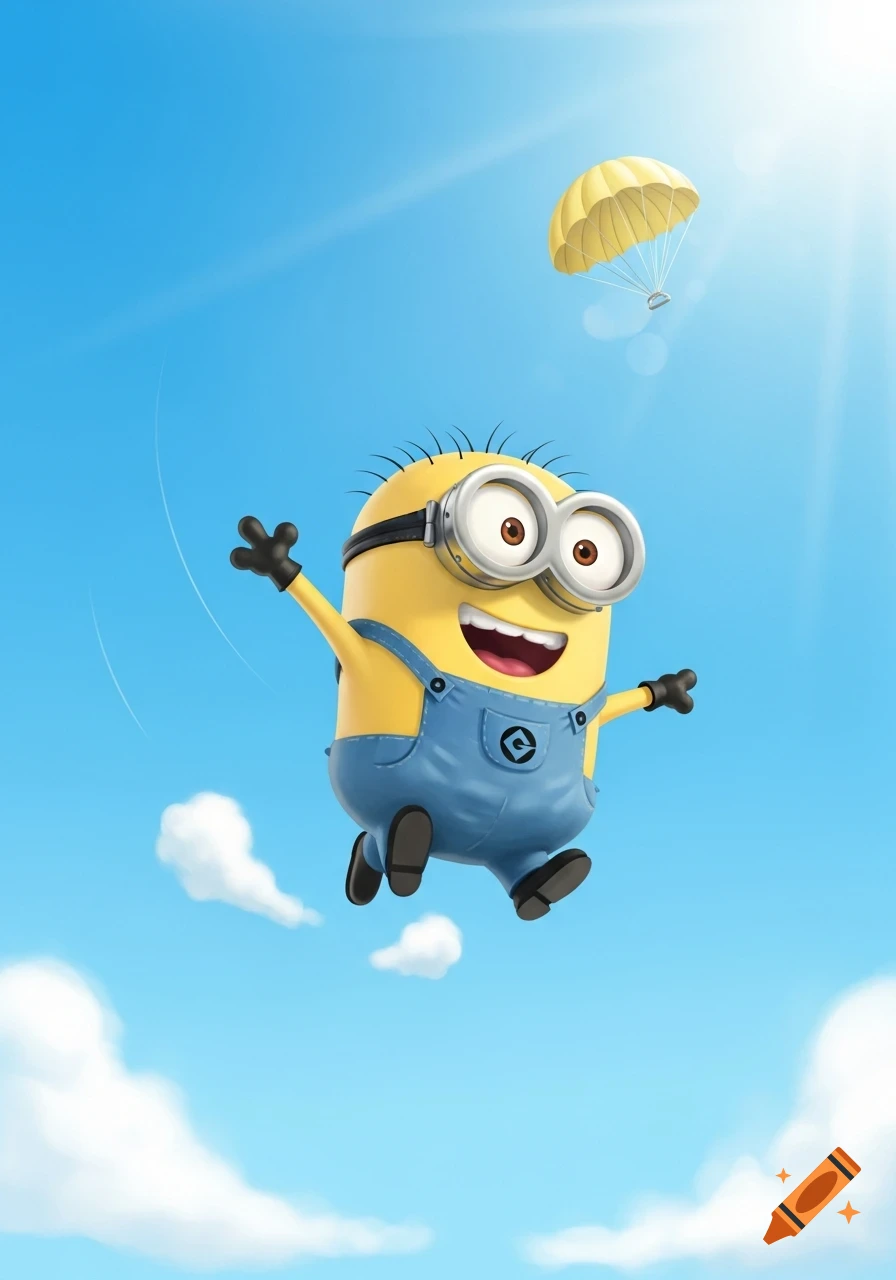 A happy Minion character in blue overalls and goggles jumps gleefully in a bright blue sky, with a yellow parachute above.
