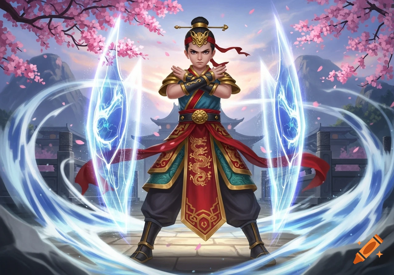 Stern boy in ornate red and gold Chinese attire forms glowing blue energy shields amid cherry blossoms and traditional buildings.
