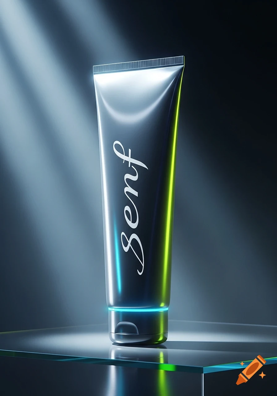 A shiny metallic tube with "Senf" written in white script, reflecting blue and green light, stands on a translucent glass surface.