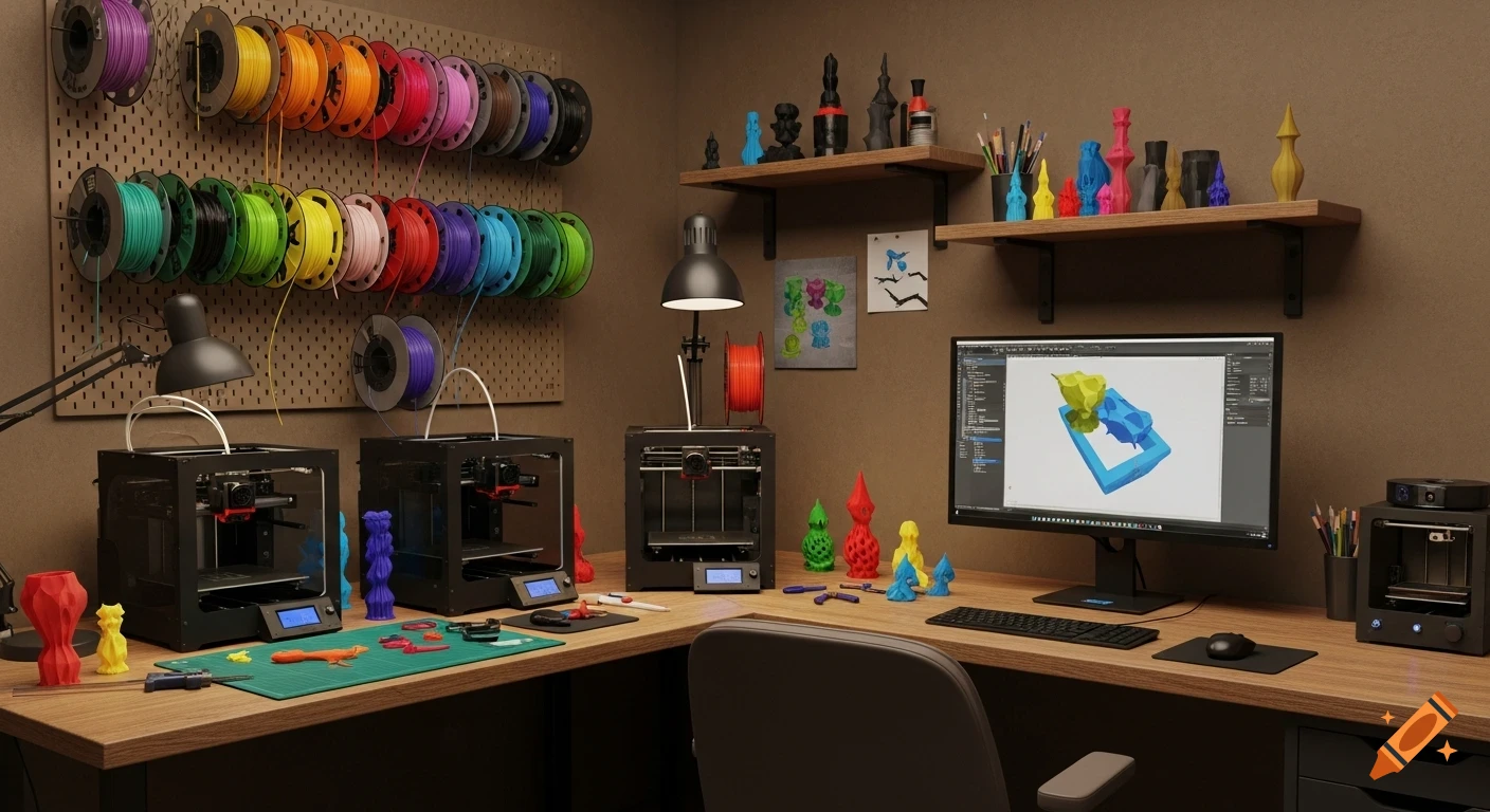 A hyper-realistic wide-angle photo of a busy home 3D printing studio office with three active 3D printers, colorful filament spools on a pegboard, and a computer monitor displaying CAD software.