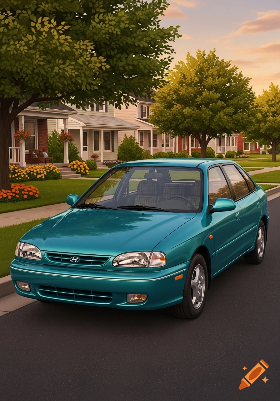 A teal 1990s Hyundai hatchback parked on a suburban street, surrounded by houses and trees, in an illustrative style.