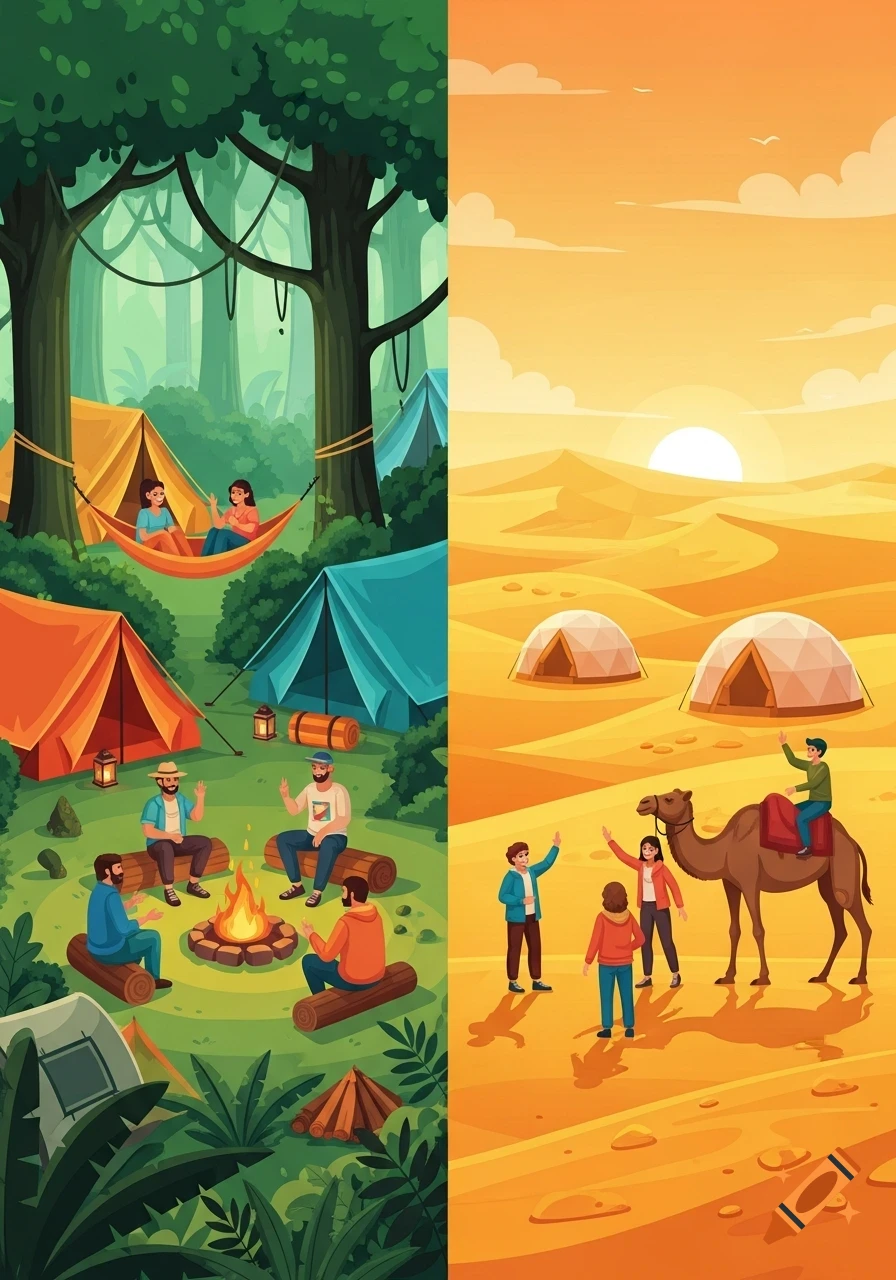 Vibrant split illustration of people camping; one side a lush forest with tents and campfire, the other a golden desert with dunes and a camel.