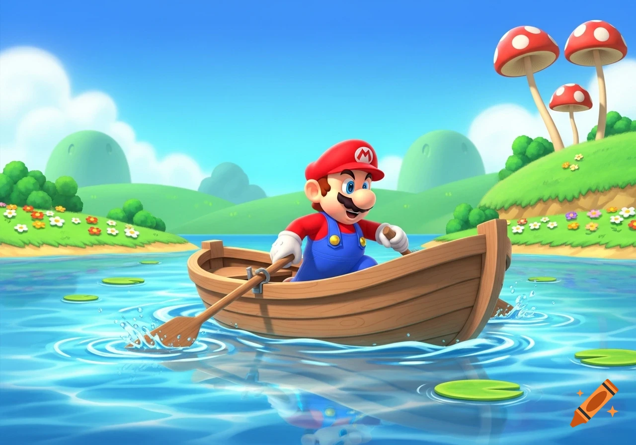 Super Mario rows a wooden boat across a blue lake with lily pads, past an island with green hills, flowers, and red mushrooms under a clear blue sky.