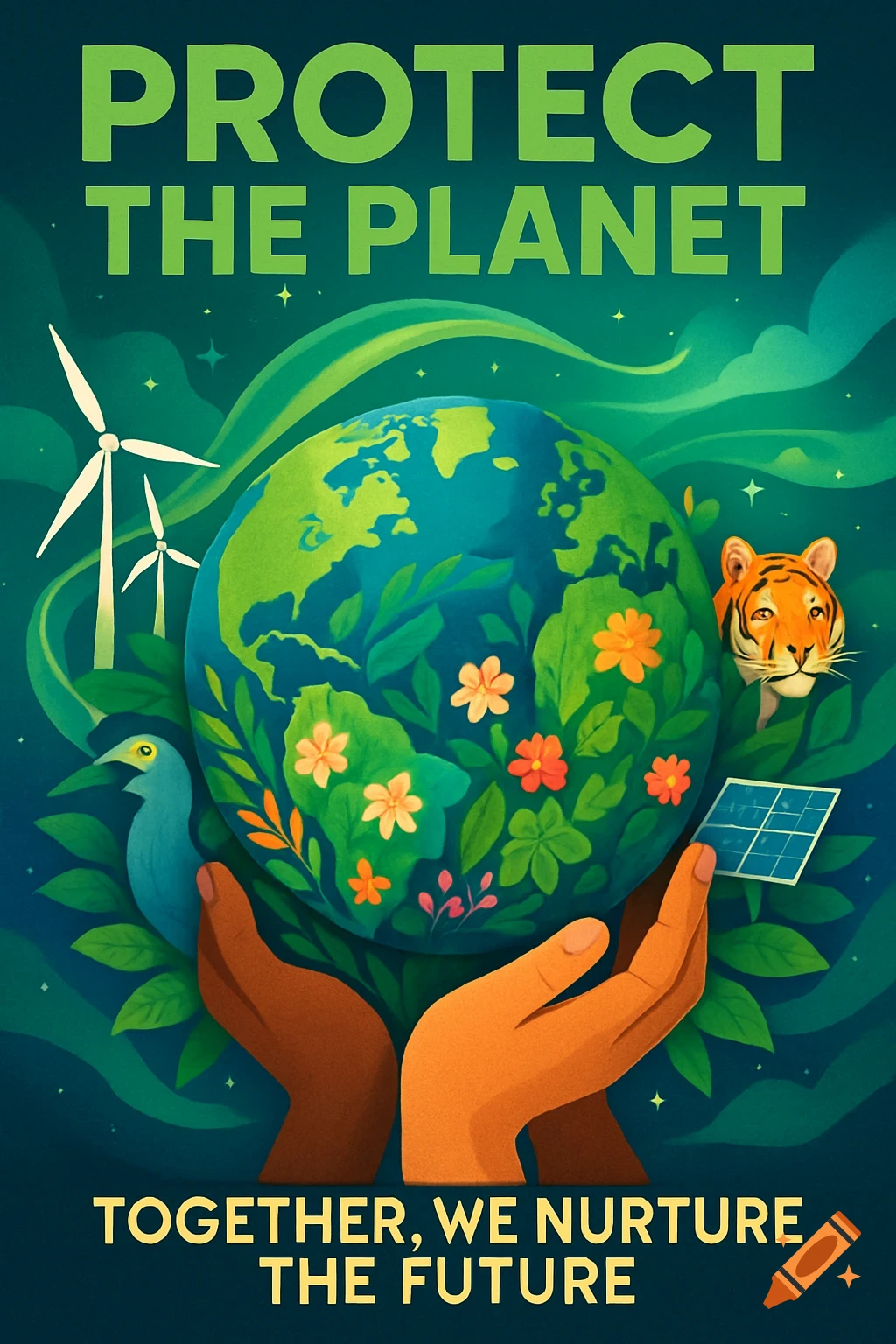 Illustrated environmental poster showing hands holding a vibrant Earth with plants, a tiger, bird, wind turbines, and solar panel. Text: PROTECT THE PLANET.
