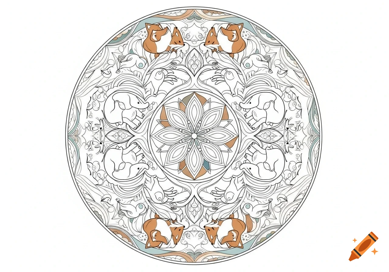 A detailed mandala art piece featuring guinea pigs, elephants, and birds within intricate floral patterns, designed for coloring.