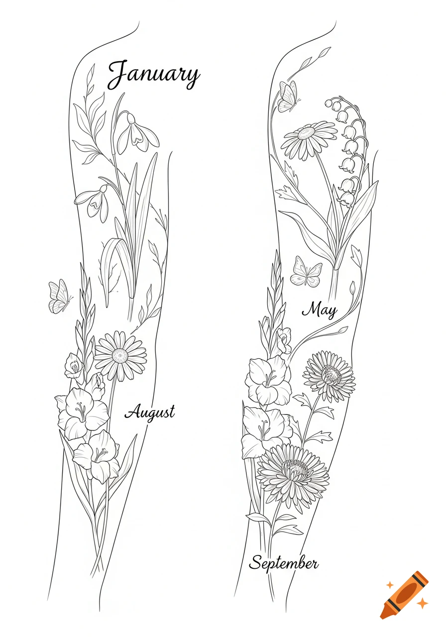Black and white fine-line tattoo stencil featuring birth flowers for January, May, August, and September on two arms.