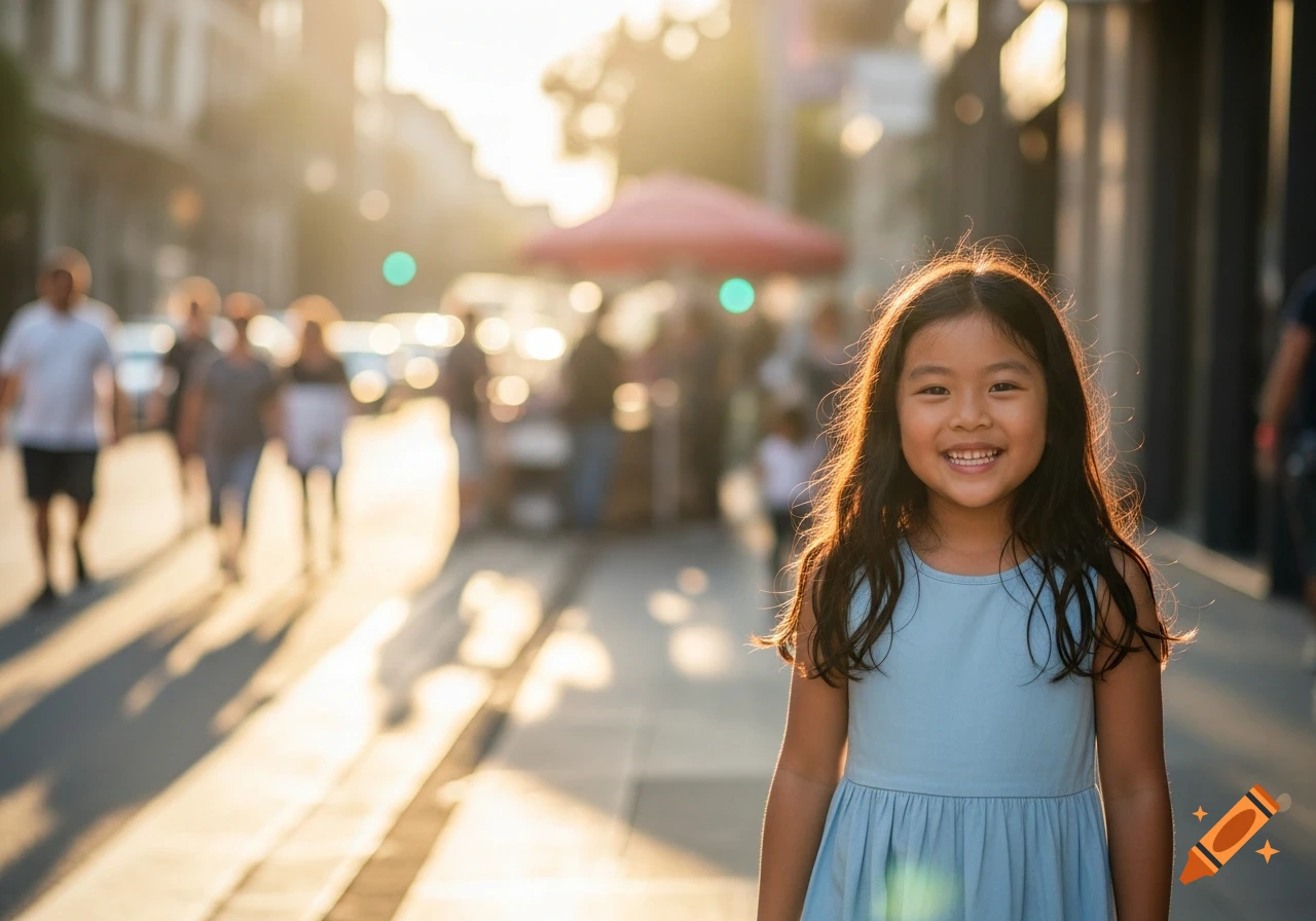 A smiling young Asian girl with long dark hair in a light blue dress stands on a sunny city sidewalk with blurred people and buildings in the background.