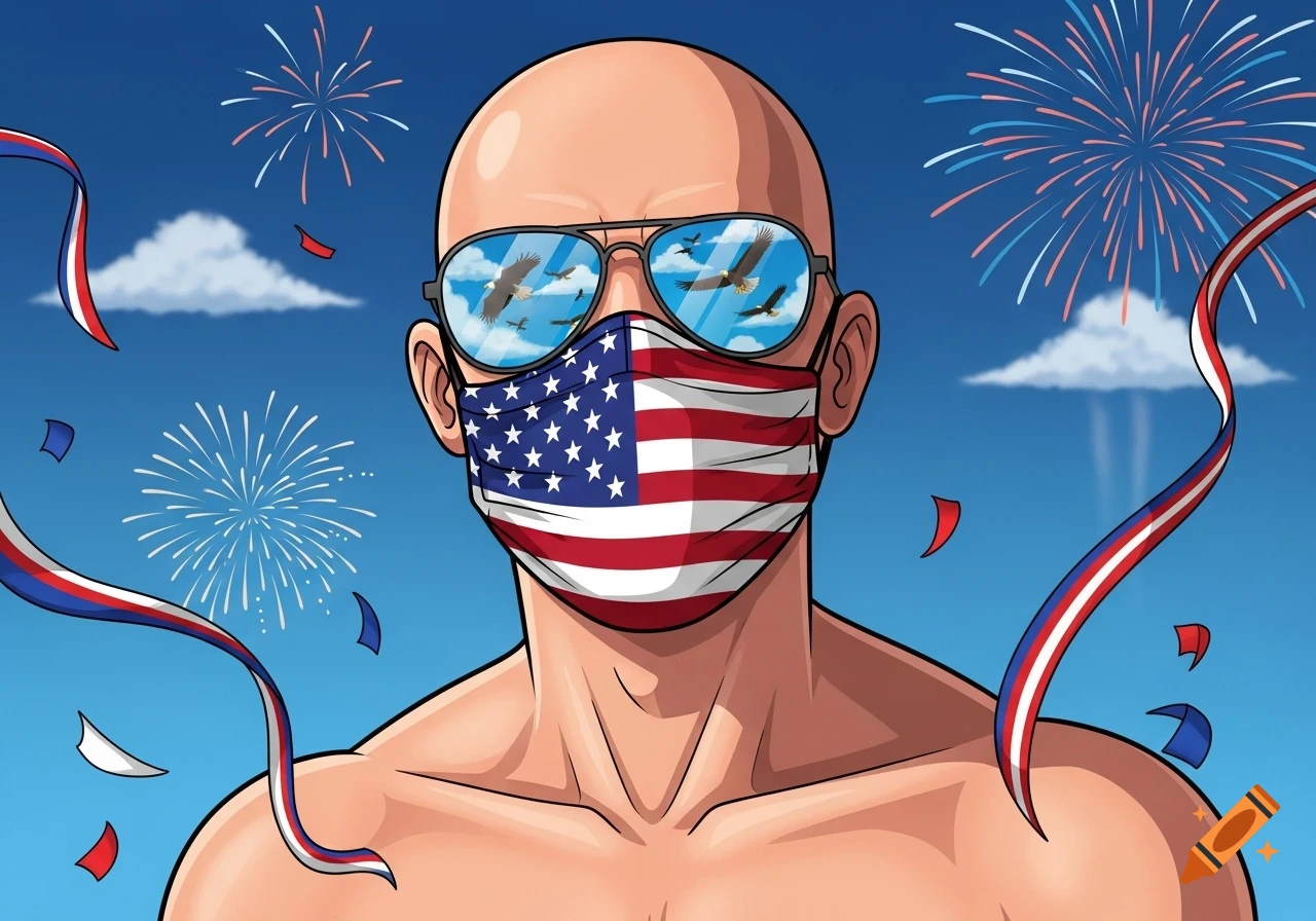 Bald man in an American flag mask and sunglasses reflecting eagles, surrounded by fireworks and patriotic ribbons in a cartoon style.