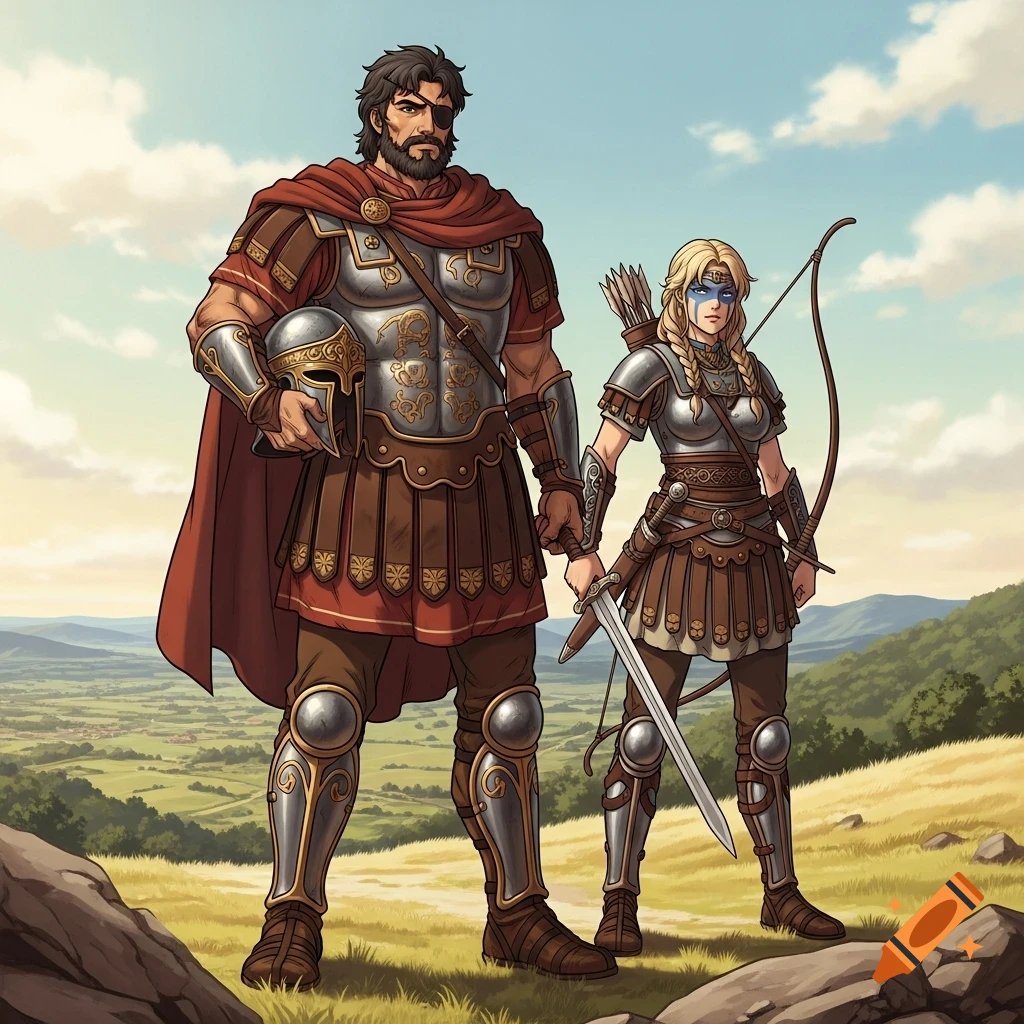 A man in bronze Roman armor holding a helmet and a woman in Celtic armor with a bow and sword stand on a grassy hill, vintage anime style.
