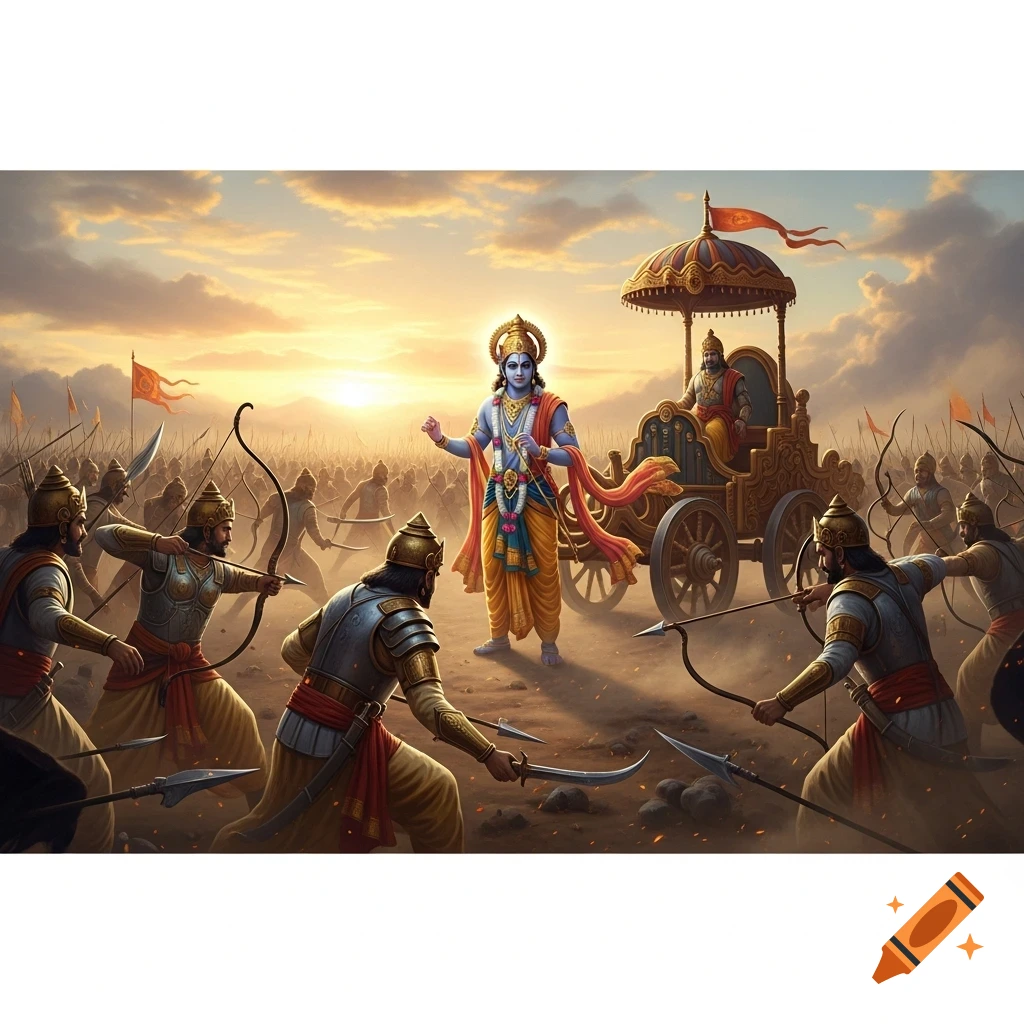 Lord Krishna stands amidst soldiers and a chariot on a sunlit battlefield, digital art.