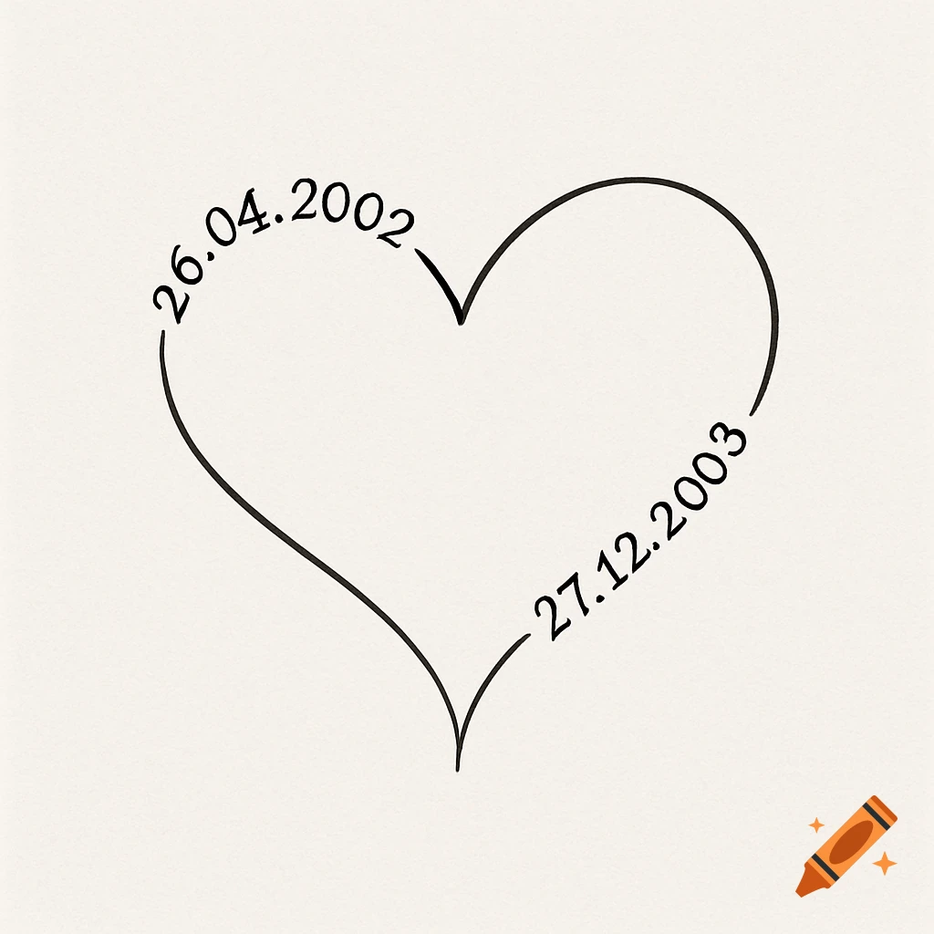Minimalist black line drawing of a heart, with the dates 26.04.2002 and 27.12.2003 forming its outline on a light background.