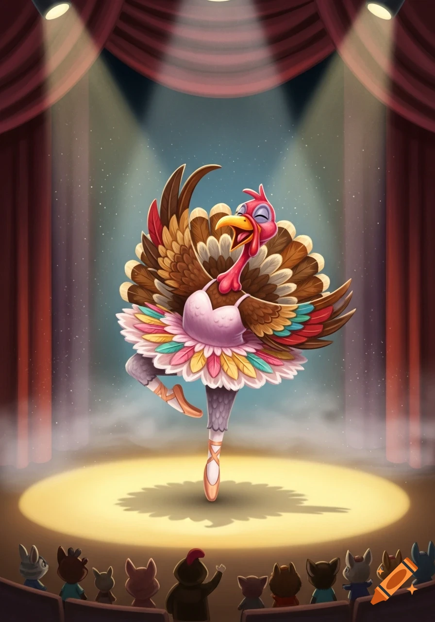 A cartoon turkey in a pink ballet leotard and colorful feather tutu dances en pointe on a spotlighted stage before an audience of small animals.