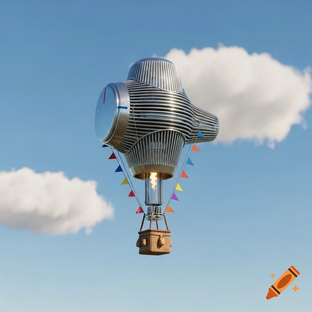 Photorealistic hot air balloon with a metallic, ribbed thermostat-head-shaped body, colorful flags, and wicker basket, in a blue sky with clouds.