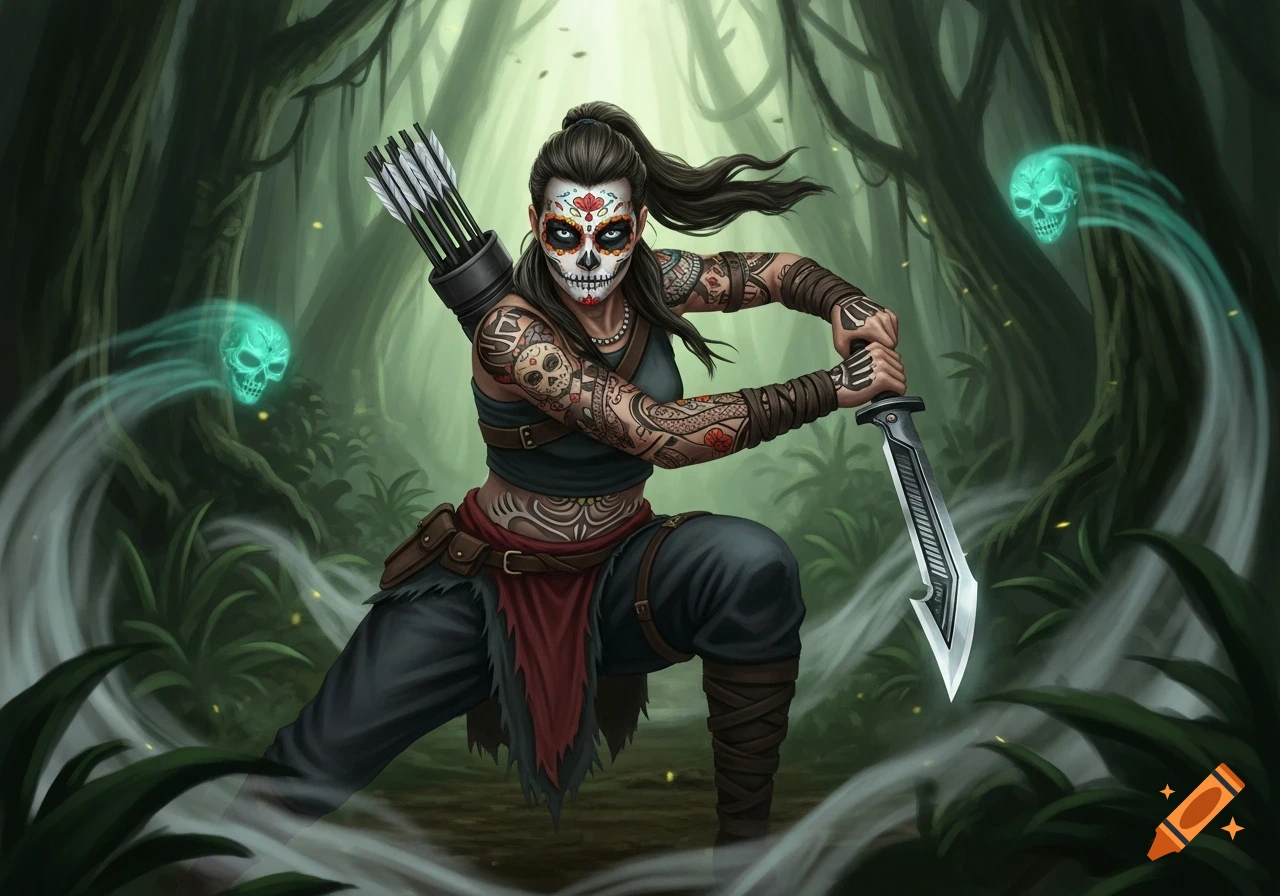 A warrior with Dia de los Muertos makeup and tattoos crouches in a jungle, holding a machete. Glowing ghost skulls float nearby. Digital art.