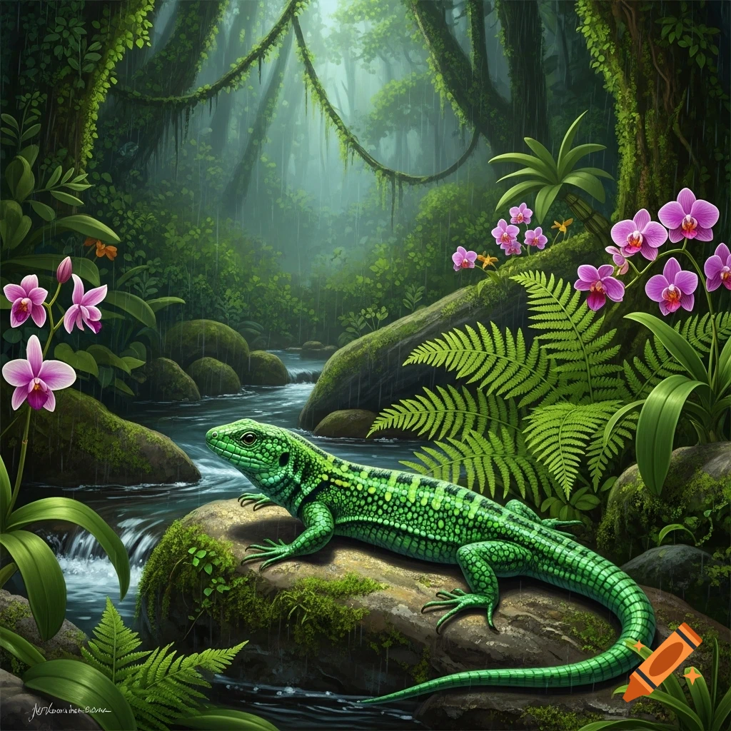 A vibrant green lizard with patterned skin rests on a mossy rock by a stream in a lush rainforest with pink orchids and ferns.