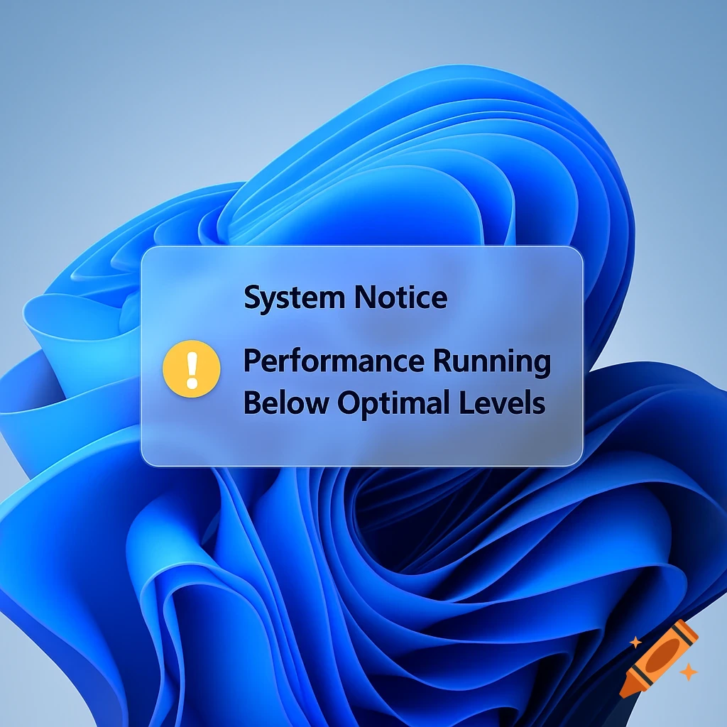 Windows 11 system notice reporting 'Performance Running Below Optimal Levels' on a blue abstract background.