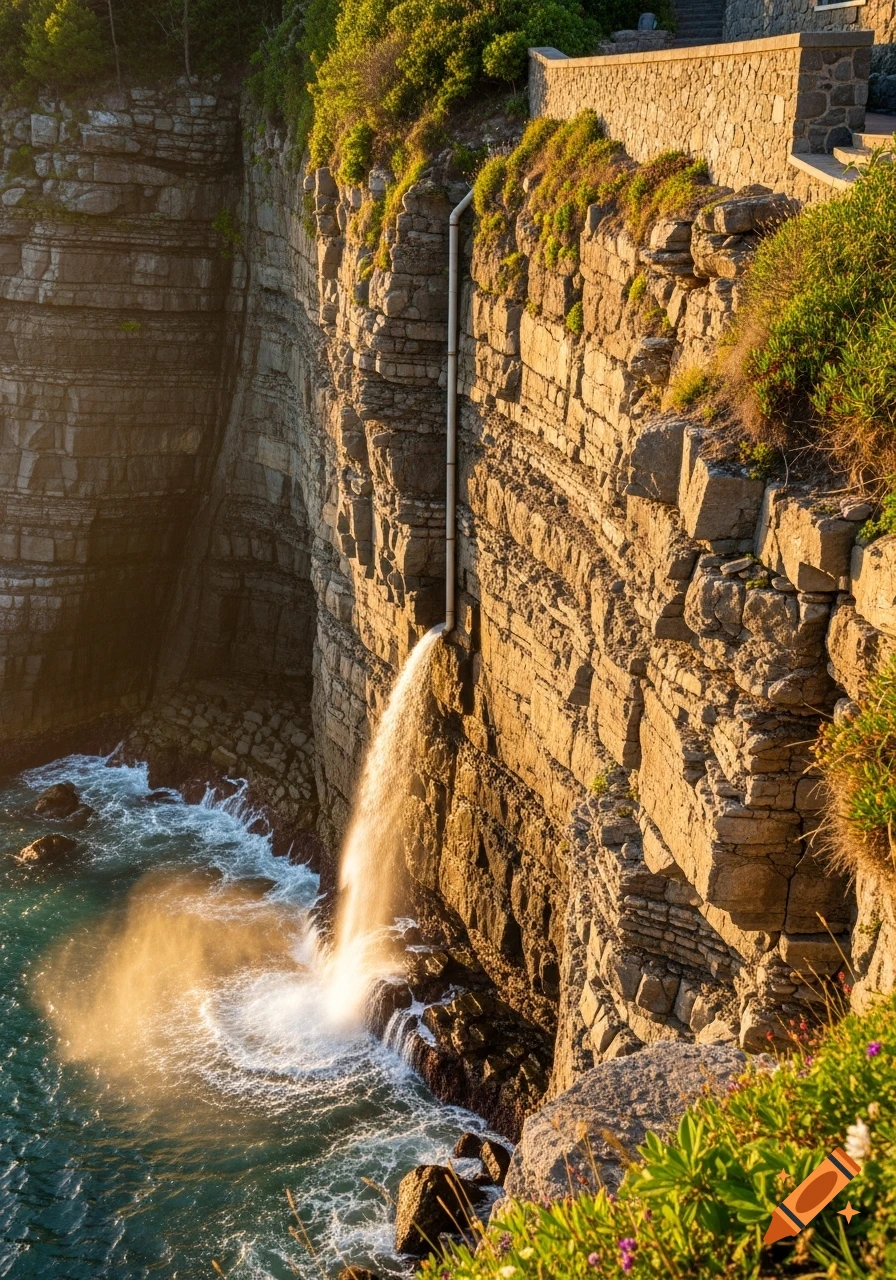 Sunlit rocky cliff with a pipe-fed waterfall cascading into the teal ocean below, creating splashes against the shore.