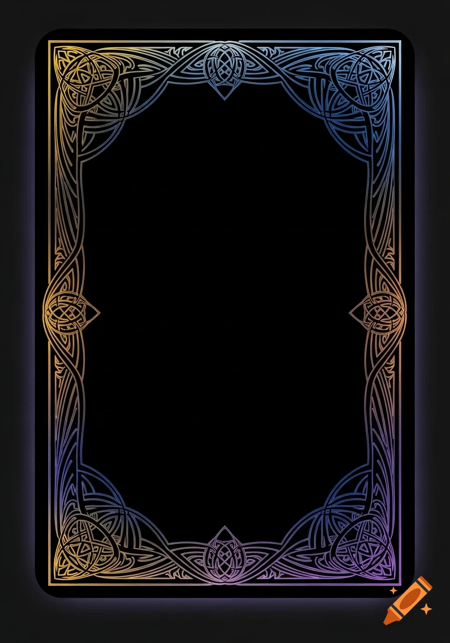 Ornate, symmetrical tarot card border with intricate geometric patterns in iridescent gold, blue, and violet on a black background.