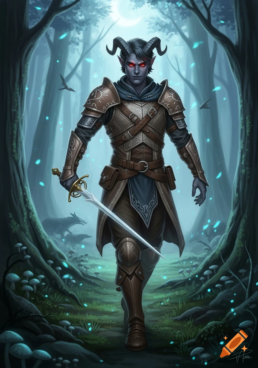 A male tiefling ranger with grey skin, red eyes, and horns, wearing leather armor, holds a rapier in a mystical forest.