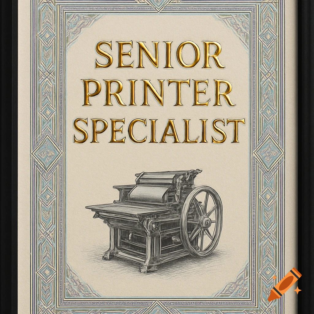 A vintage-style certificate with ornate borders, featuring the golden text 'SENIOR PRINTER SPECIALIST' above a detailed illustration of an old printing press.