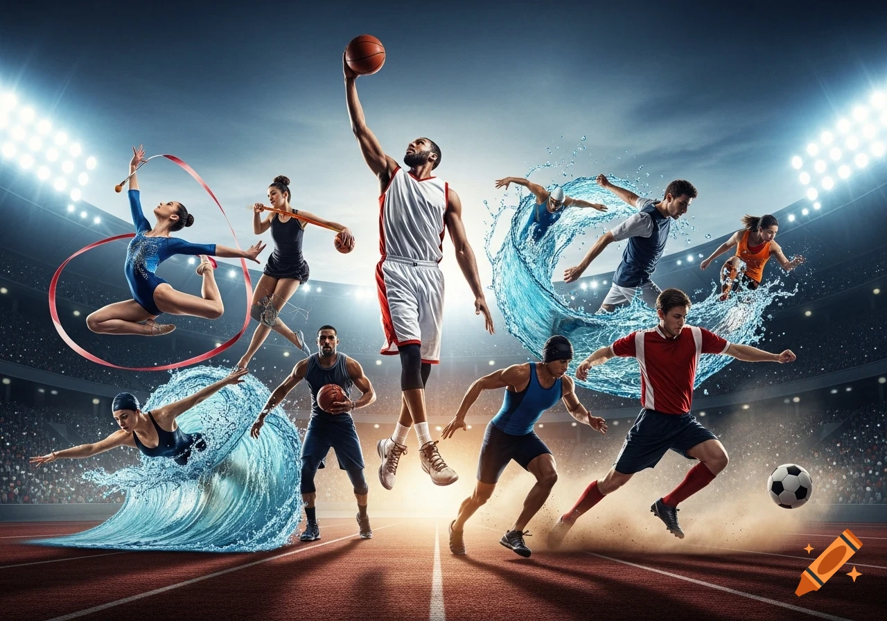 A dynamic montage of diverse athletes in action, including a basketball player, gymnast, swimmer, runner, and soccer player, in a stadium setting.