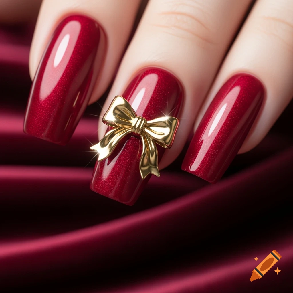 Close-up of a hand with glossy red manicured nails, one adorned with a sparkling golden bow, against a red satin background.