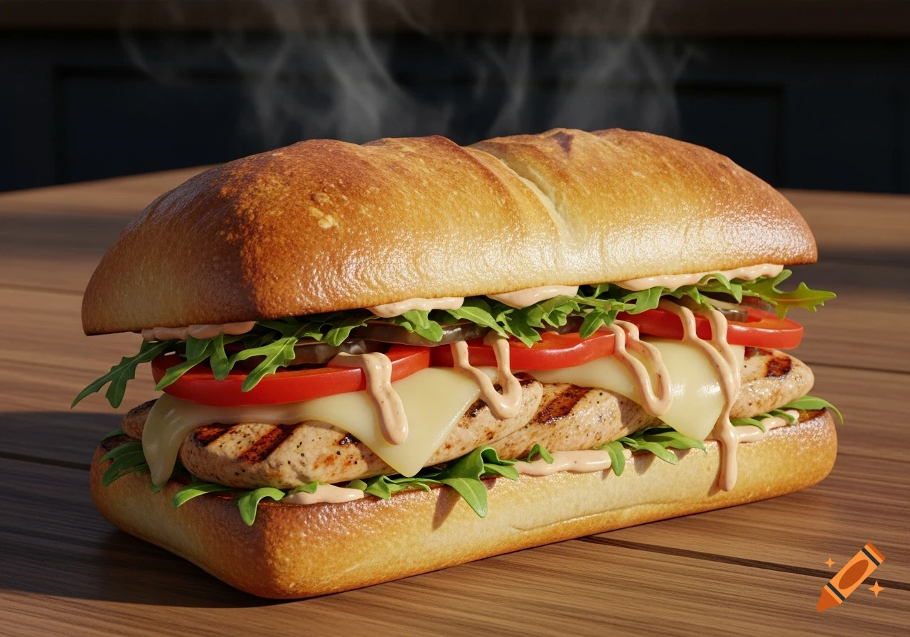 A close-up, photorealistic grilled chicken sandwich on ciabatta with arugula, tomatoes, melted cheese, and sauce, emitting steam.