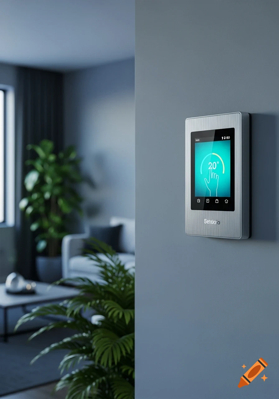 A modern smart thermostat showing 20 degrees on a screen, mounted on a grey wall in a contemporary living room with plants.