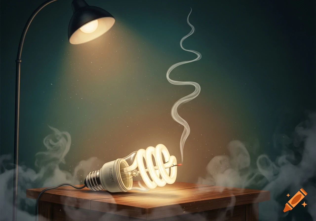 A surreal, photorealistic image of a smoking CFL light bulb on a wooden table, illuminated by a desk lamp.