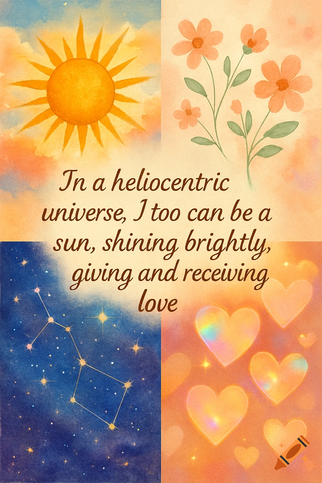 A four-panel watercolor-style image with an uplifting quote. Panels show a sun in clouds, peach flowers, a constellation, and glowing hearts. The text is "In a heliocentric universe, I too can be a sun, shining brightly, giving and receiving love".