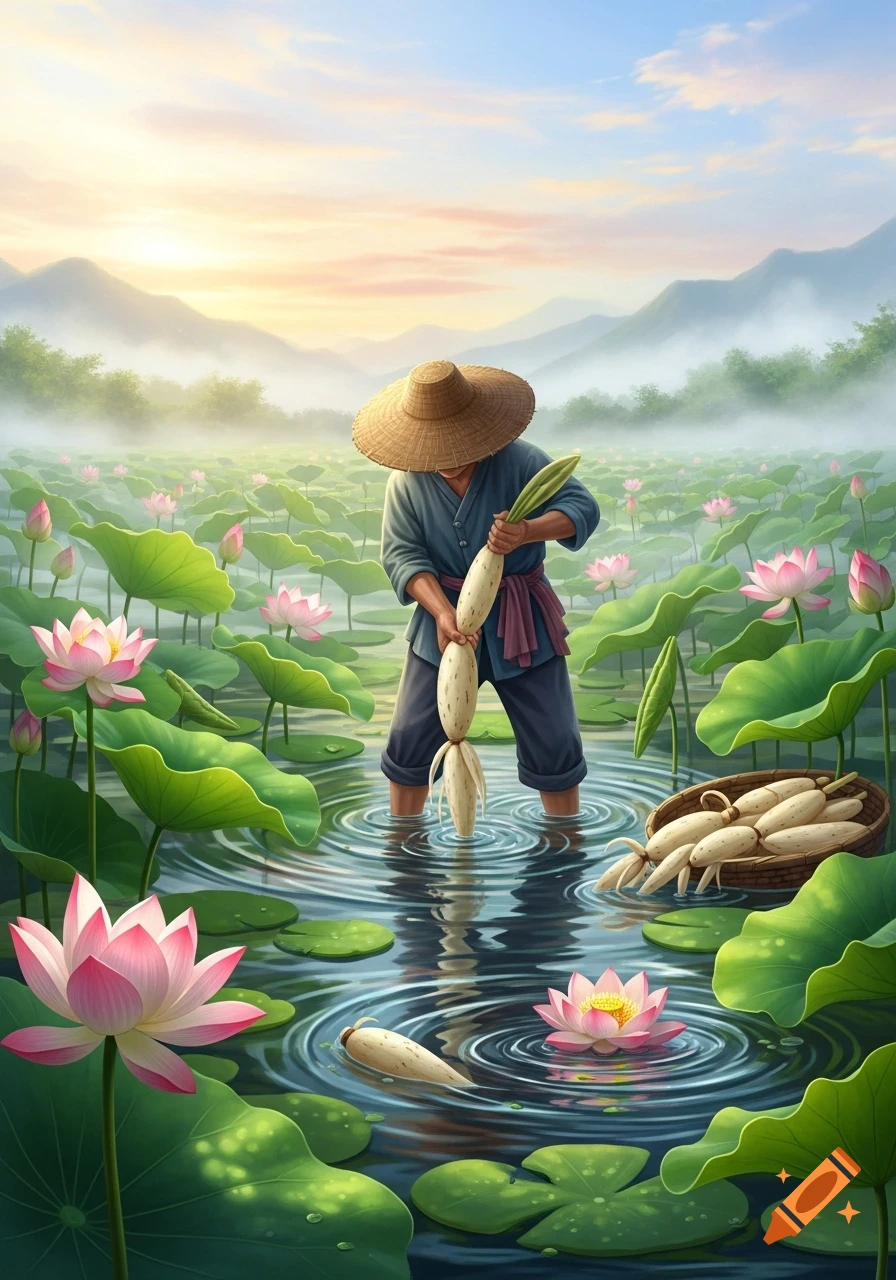 Person in a straw hat harvesting lotus roots in a pond with pink lotus flowers and green leaves, sunrise over misty mountains. Illustrated.