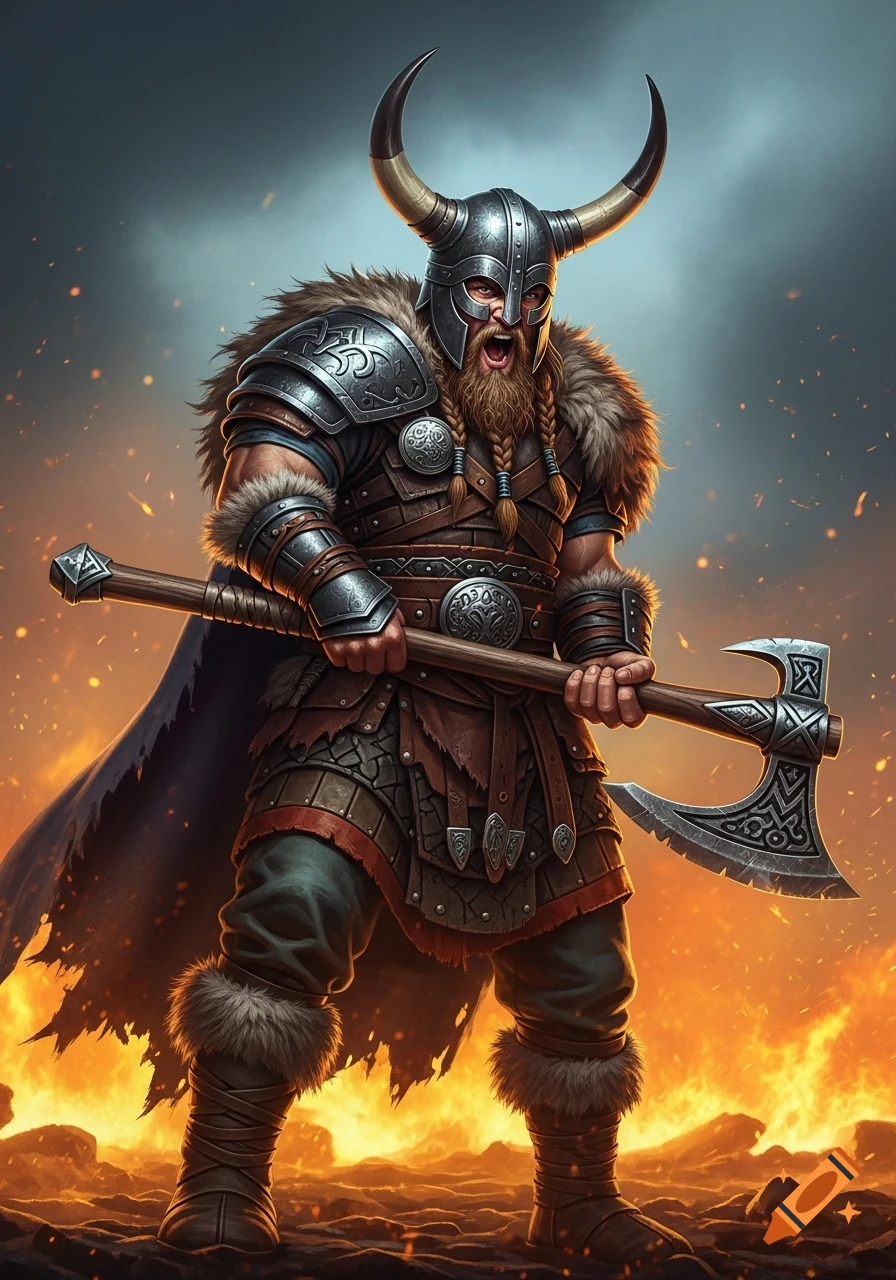 A dramatic, cinematic portrait of a massive, heavily bearded Viking warrior in a horned helmet, wielding a battle axe against a fiery, smoke-filled background.