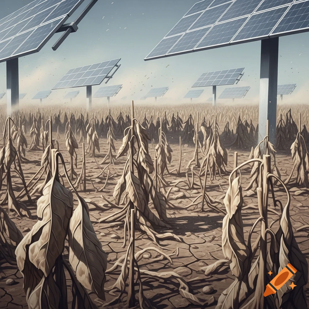 Solar panels stand over a field of dried, dead plants and cracked earth under a hazy sky, depicting drought.