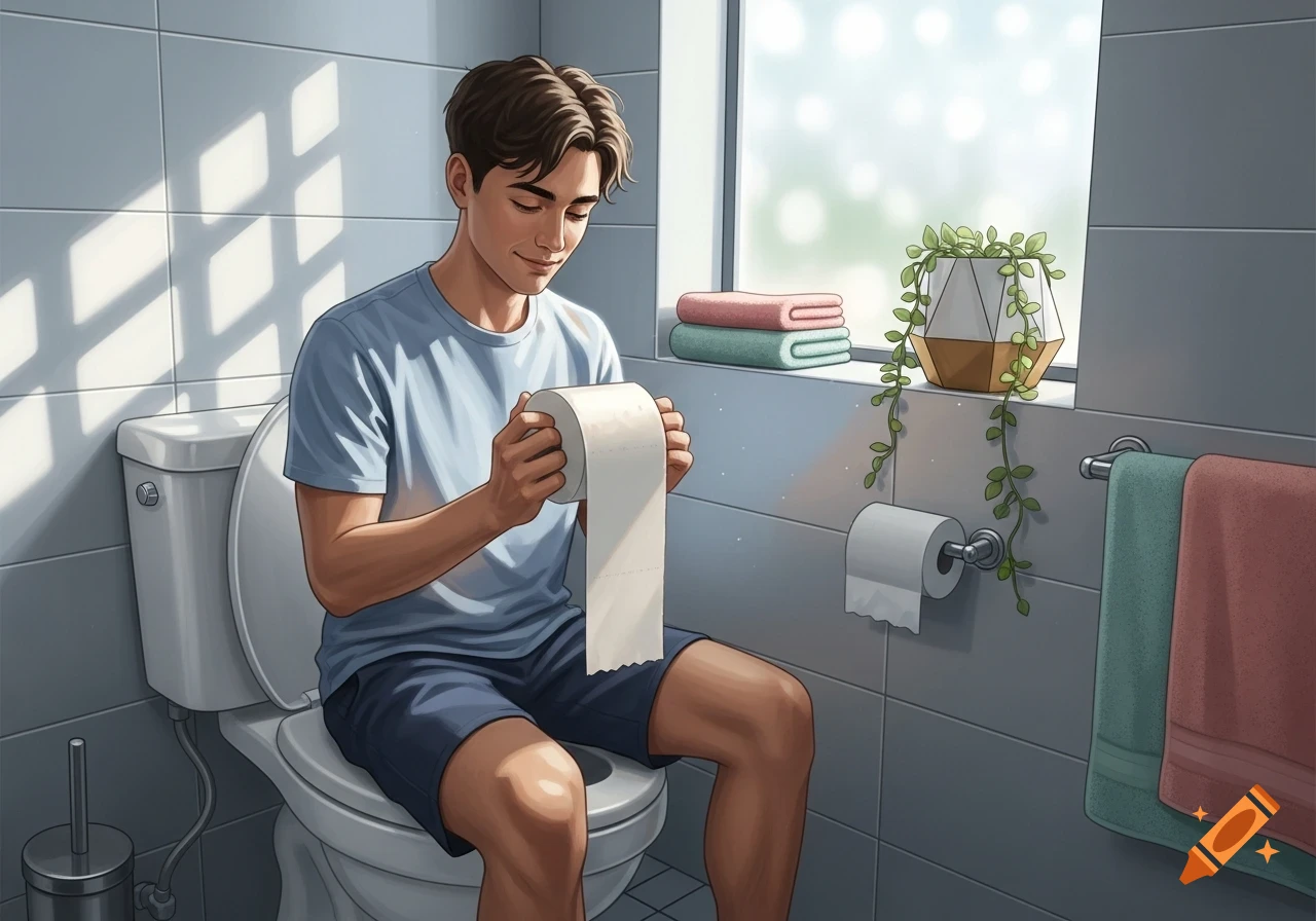 A young man sits on a toilet in a bright bathroom, looking down at a roll of toilet paper in his hands, with sunlight streaming through a window.