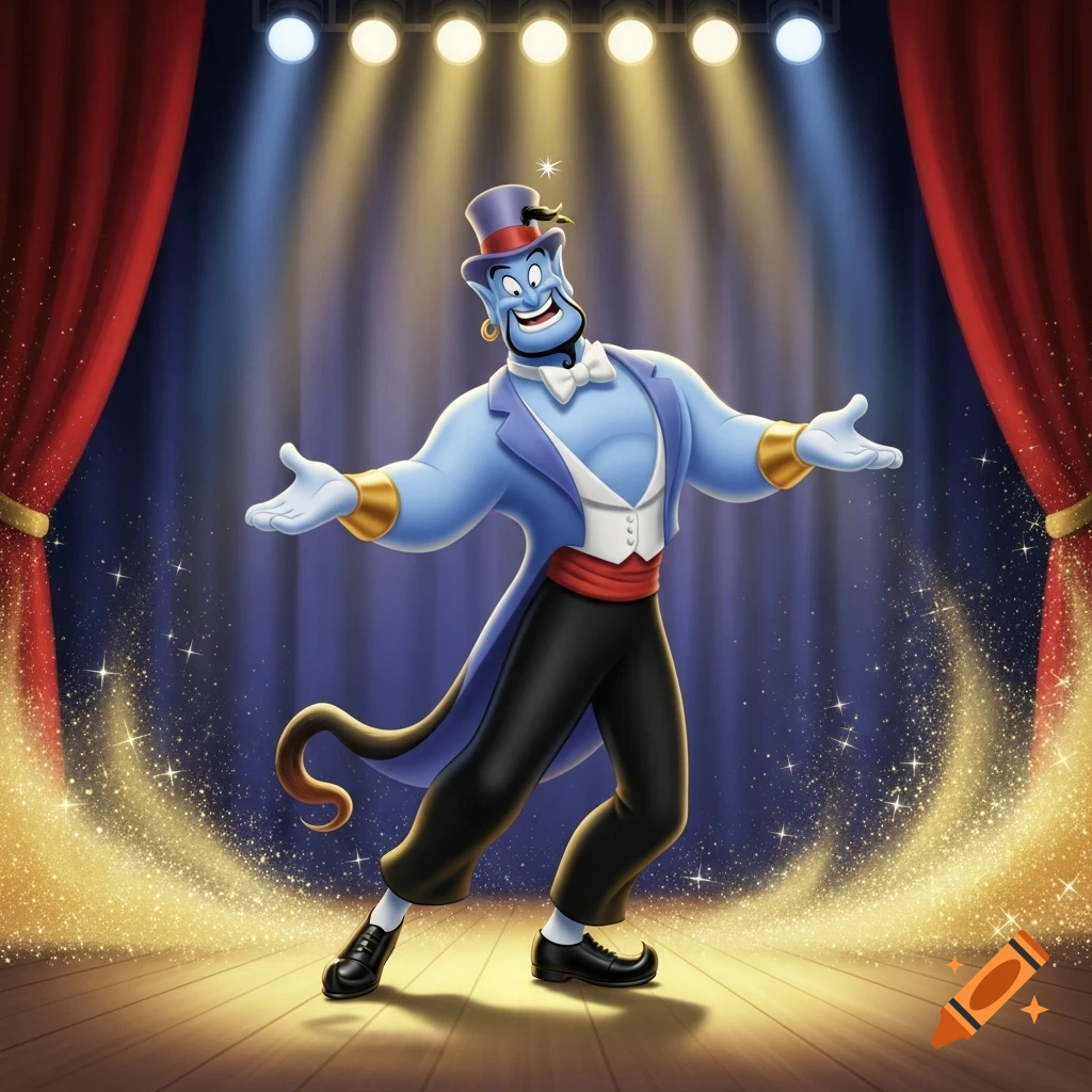 Disney's Genie in a top hat and tuxedo tap dancing on a stage under spotlights with golden sparkles.