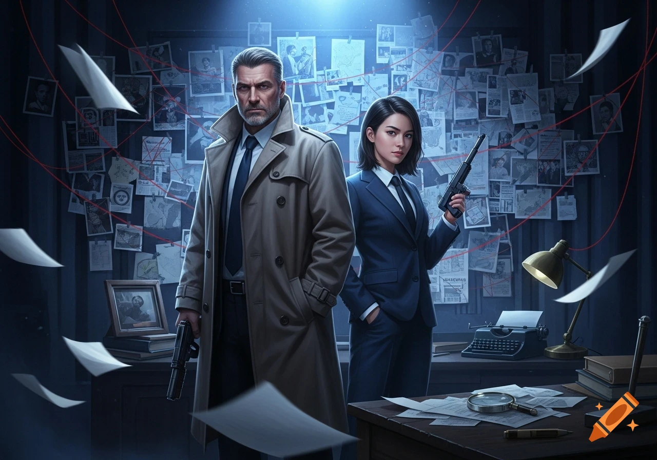 Two serious-looking agents, a male in a trench coat and a female in a suit, stand in a dark office with a wall covered in interconnected clue photos and documents, holding handguns. Papers fly around the room.