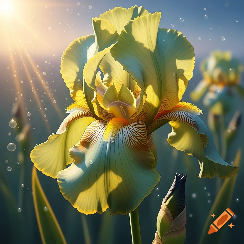 A vibrant yellow and green iris flower with orange accents, illuminated by sunlight and surrounded by shimmering light particles.