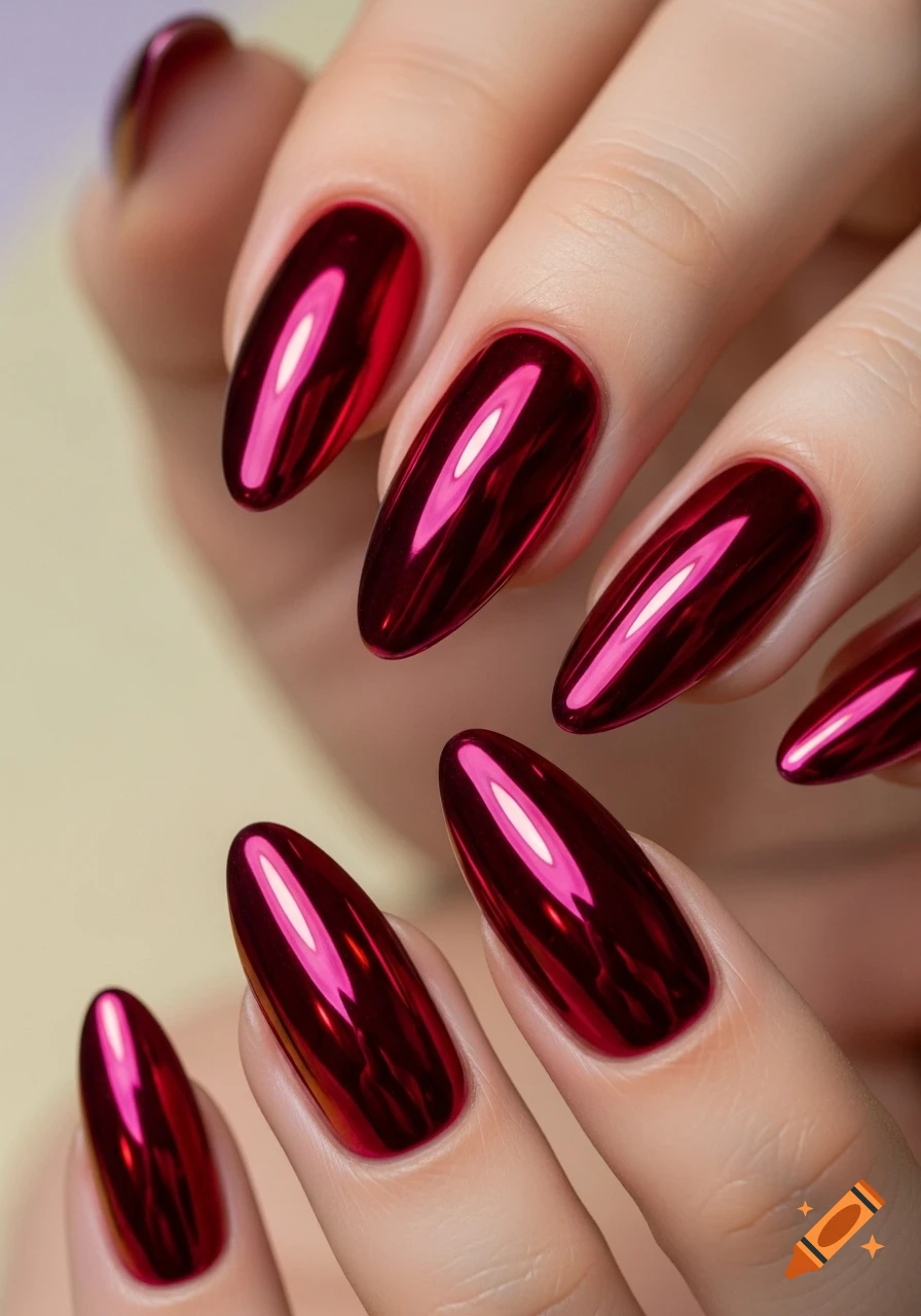 Close-up of a hand with long, almond-shaped nails painted in reflective dark red chrome.