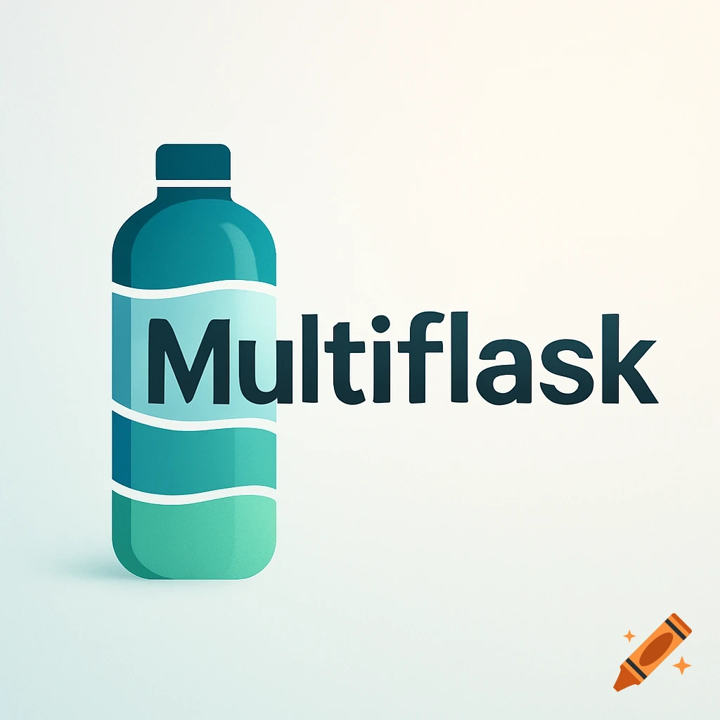 A stylized logo for Multiflask featuring a teal and blue bottle with the word "Multiflask" on its label.