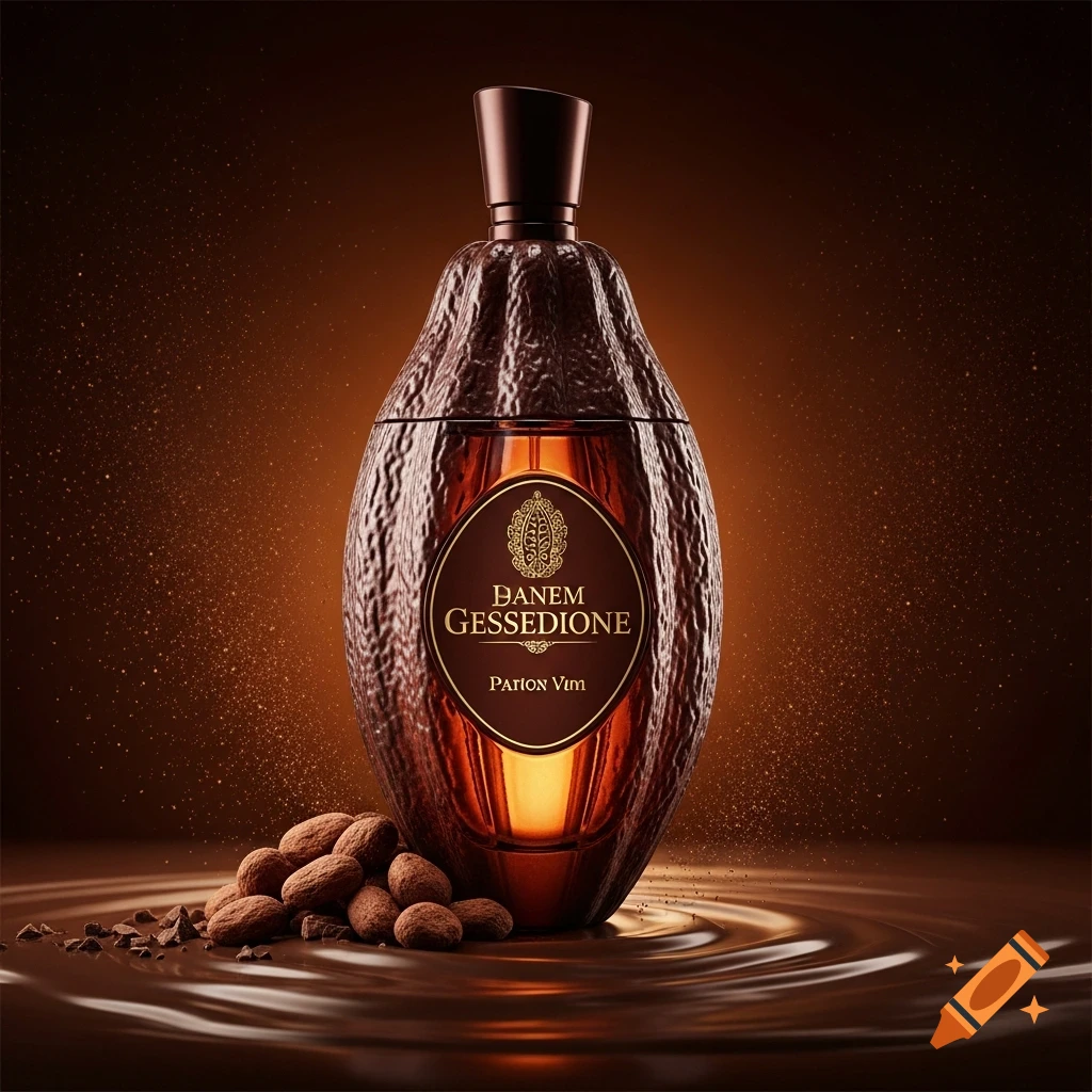 A dark brown perfume bottle shaped like a cocoa pod stands in liquid chocolate next to cocoa beans, with golden sparkles.
