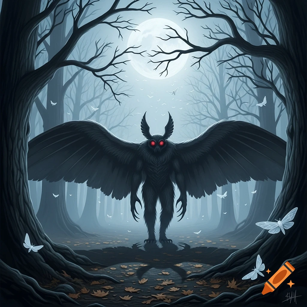 A large, dark Mothman creature with red glowing eyes and widespread wings stands in a misty, moonlit forest, surrounded by white moths.
