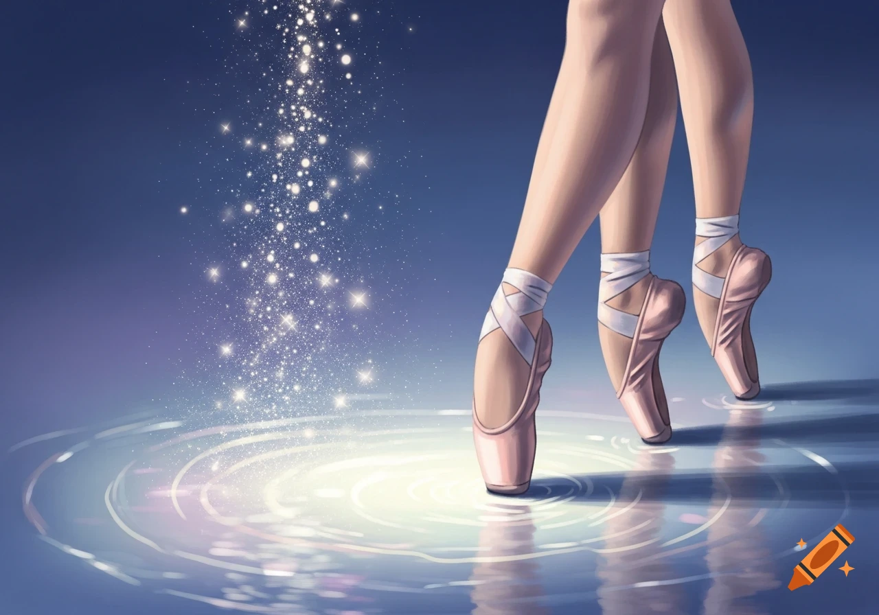 Dancer's legs and feet in pink pointe shoes on a reflective surface with sparkling lights, digital art.